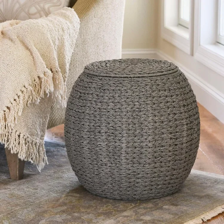 High quality Handwoven Paper Rope Wicker Storage Basket Side Table, Gray