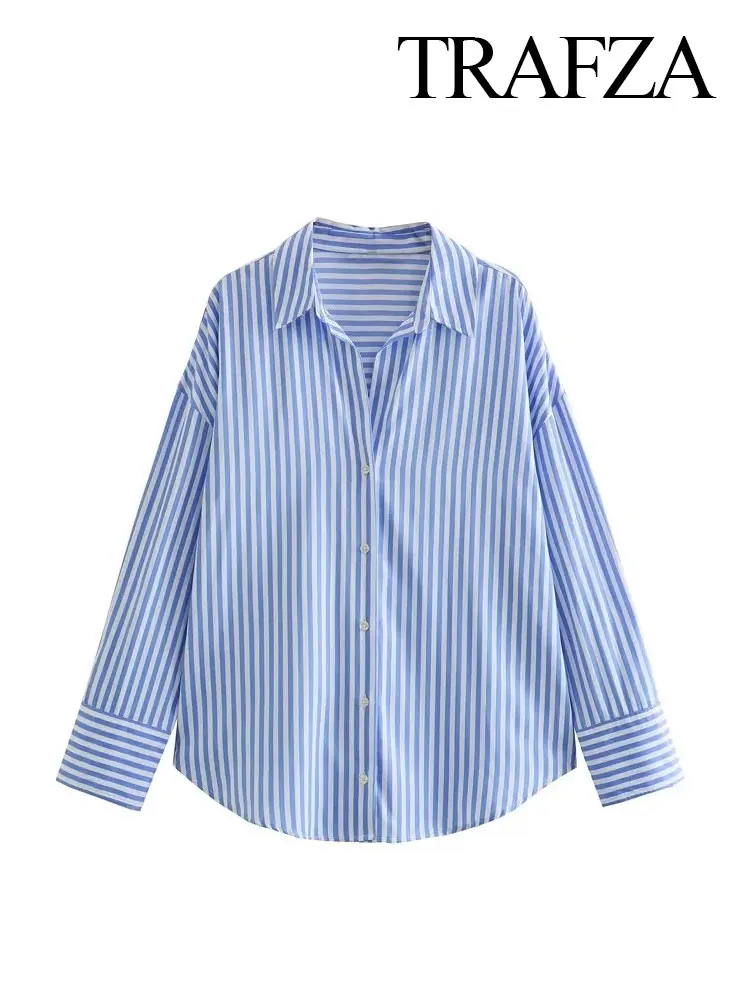 TRAFZA Autumn Women Casual Loose Poplin Blouses Multicolor Stripe Single Breasted Lapel Long Sleeve Shirts Chic Top Blouse