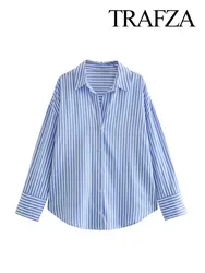 TRAFZA Autumn Women Casual Loose Poplin Blouses Multicolor Stripe Single Breasted Lapel Long Sleeve Shirts Chic Top Blouse