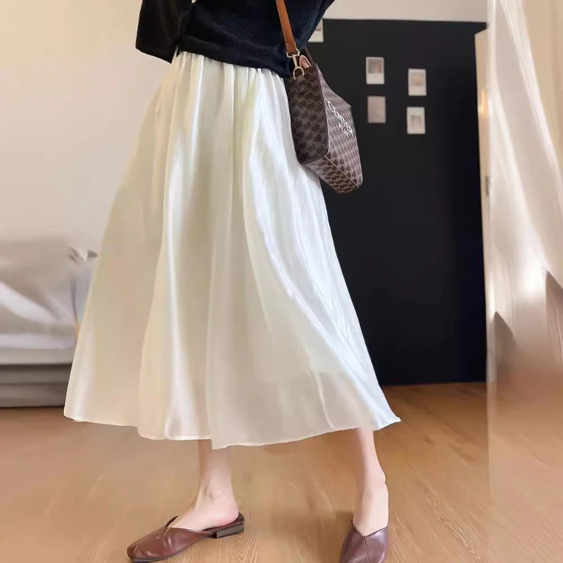 

Female A-line Long Skirt Women Summer Style Vintage High Waist Elastic Loose White School Midi Skirt Casual Ladies Skirts Q876