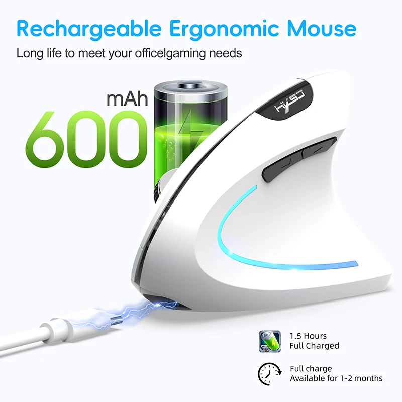 샤오미 미지아 듀얼 모드 수직 마우스 인체공학적 ABS 600mAh 충전식 2400dpi 타입-C 인터페이스 무선 마우스 PC용