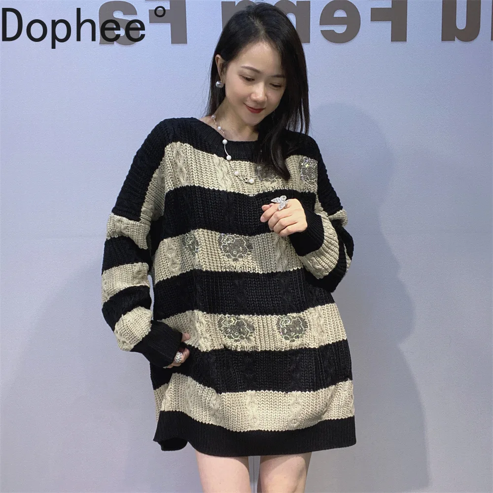 

Colorblock Stripes Women Knitted Shirts Autumn Winter Oversize Round Neck Pullover Top Hot Drilling Mid-long Knitting Sweater