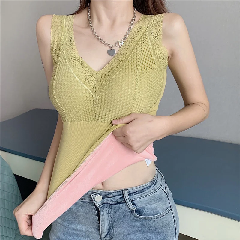 HELIAR Women Plush Thickened Tank Tops Hollow Out V-Neck Elastic Warm Crop Tops With Bra Pad Top For Women Winter