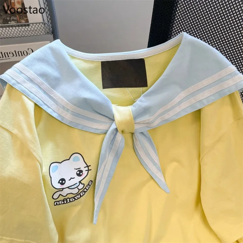 اليابانية Kawaii لوليتا نمط تي شيرت المرأة الحلو الكرتون القط طباعة بحار طوق بلوزات فضفاضة الصيف الفتيات Y2k جماليات تيز