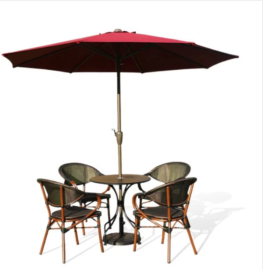 Wholesale Outdoor Furniture Hotel Restaurant Cafe Resorts Rattan Wicker Table Stackable Chair With Umbrella Garden Set