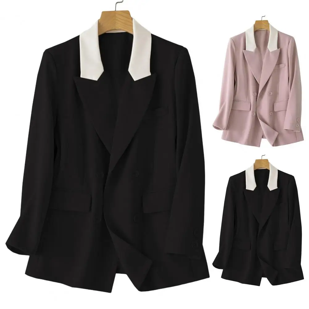 Women Blazer Suit Coat Notched Lapel Long Sleeve Patchwork Color Suit Jacket Double Breasted Flap Pockets Loose Office Outwear