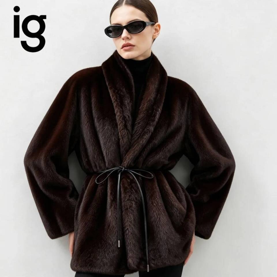 IG Women Faux Mink Fur Coat Shawl Collar V Neck Waist Tie Belt Short Loose Oversized Jacket Luxury Soft Plush Warm Winter