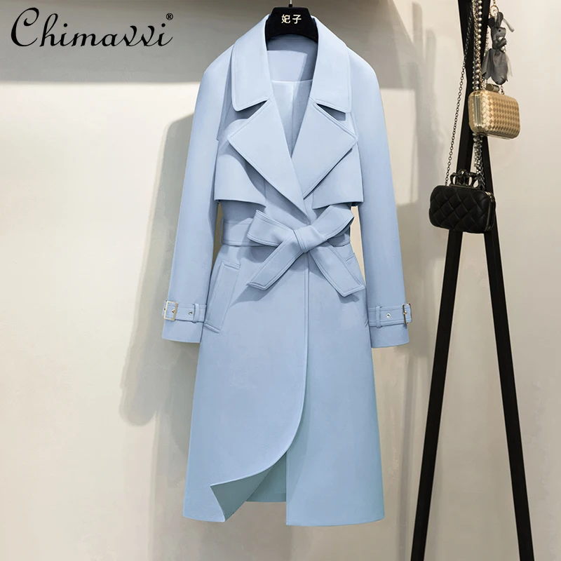 

French Elegant Temperament Long Trench Coat Lapel Single-breasted Belt Lace-up Slim Simple Commuter Trench Coats Women Autumn