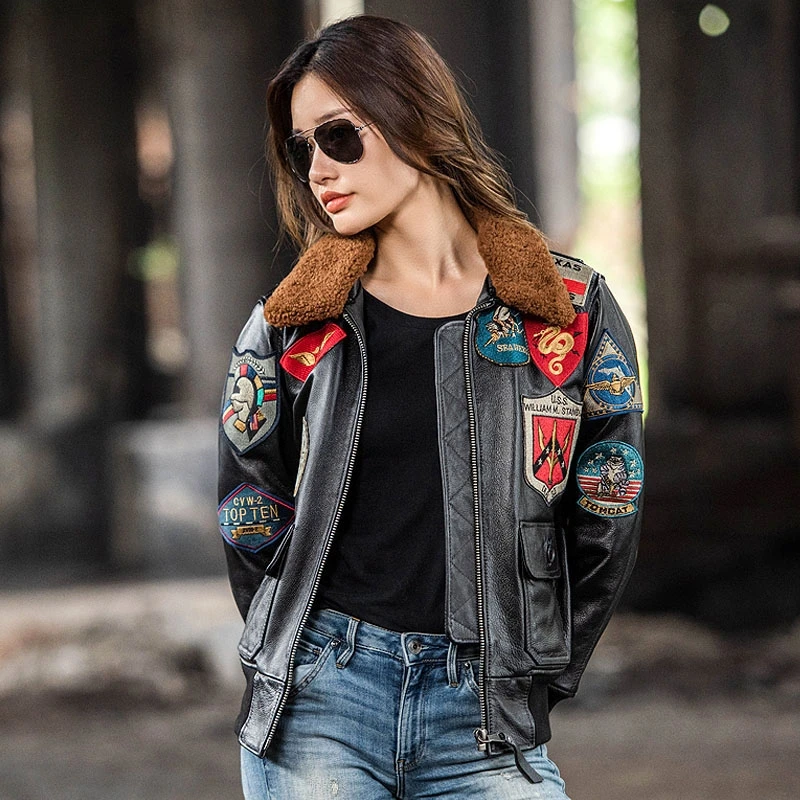 Dark Brown TOP GUN G1 Pilot Leather Jacket Women Military Style Natural Cowhide Winter Aviation Genuine Leather Coats