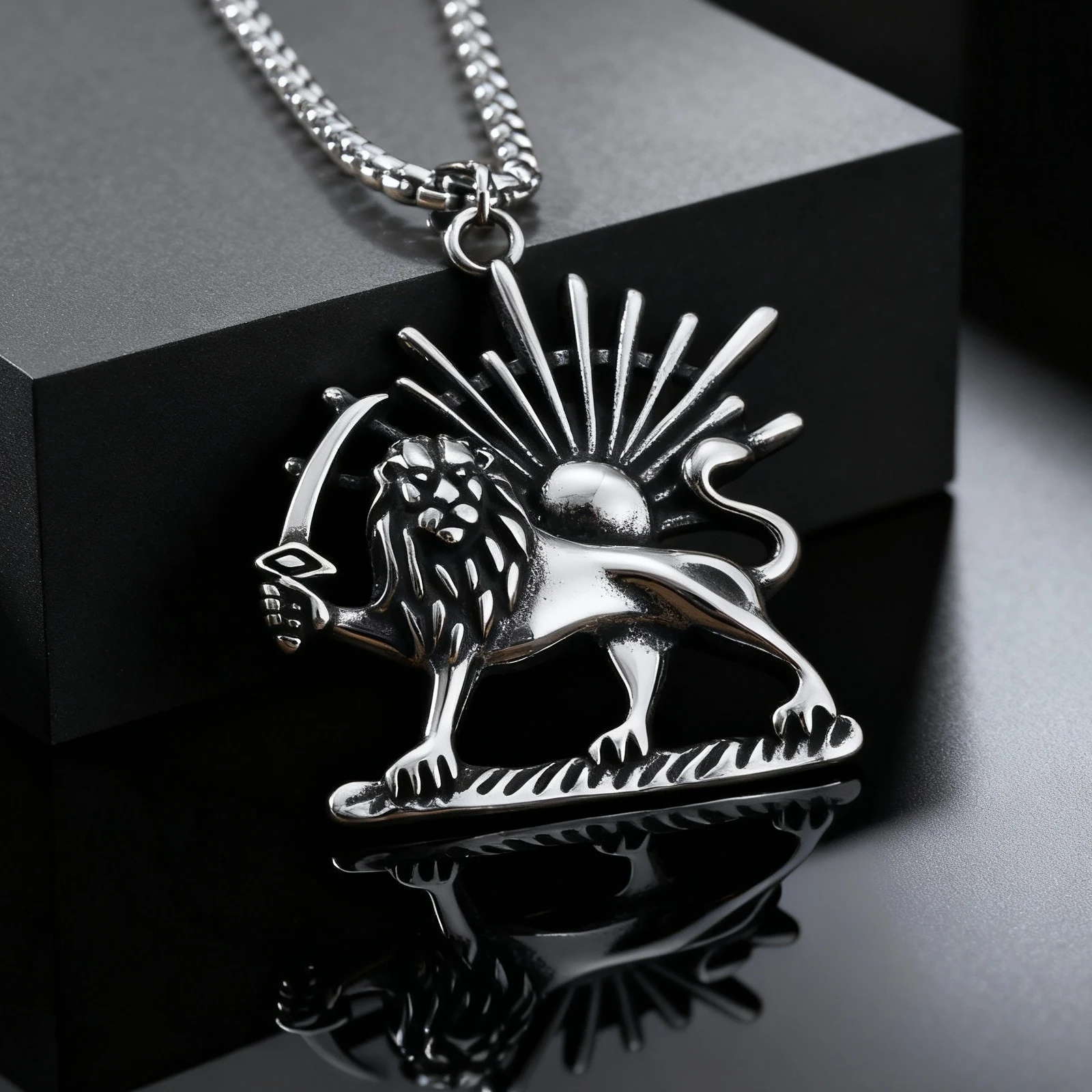 Persischer Löwe und Sonne Anhänger Halskette für Männer, Edelstahl Persien Shamshir Löwen-Halskette, Iranischer Modeschmuck Geschenke – Detail 6