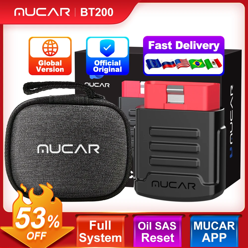 MUCAR BT200 / BT200 Pro Car Diagnosis Tools Full System ABS TCM SRS Lifetime Free Oil SAS Reset Free 1 Year Auto OBD2 Scanner