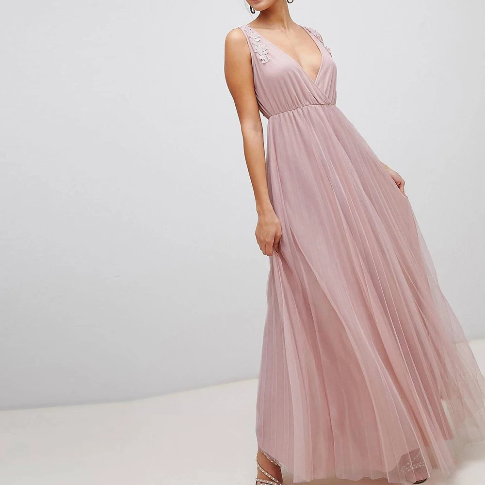 

Pink Straight Ankle Length V Neck Tulle Sleeveless Appliques Evening Dress Classic Pleats Saudi Arabia Bespoke Occasion Gowns