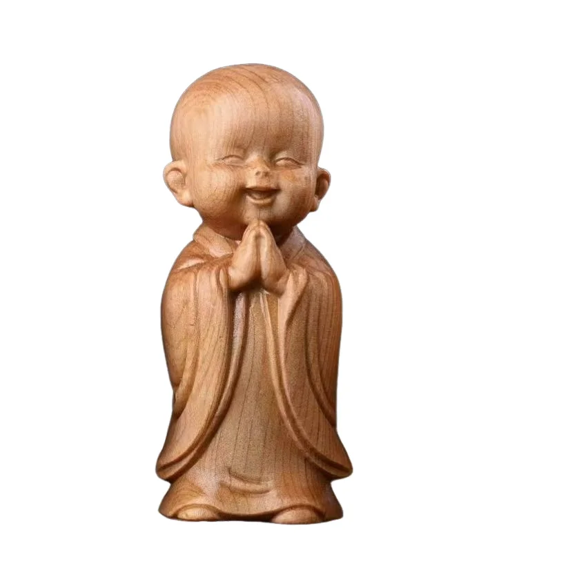 Boxwood Monk Praying Carved Hand Piece Zen Figurine Home Decor 8cm