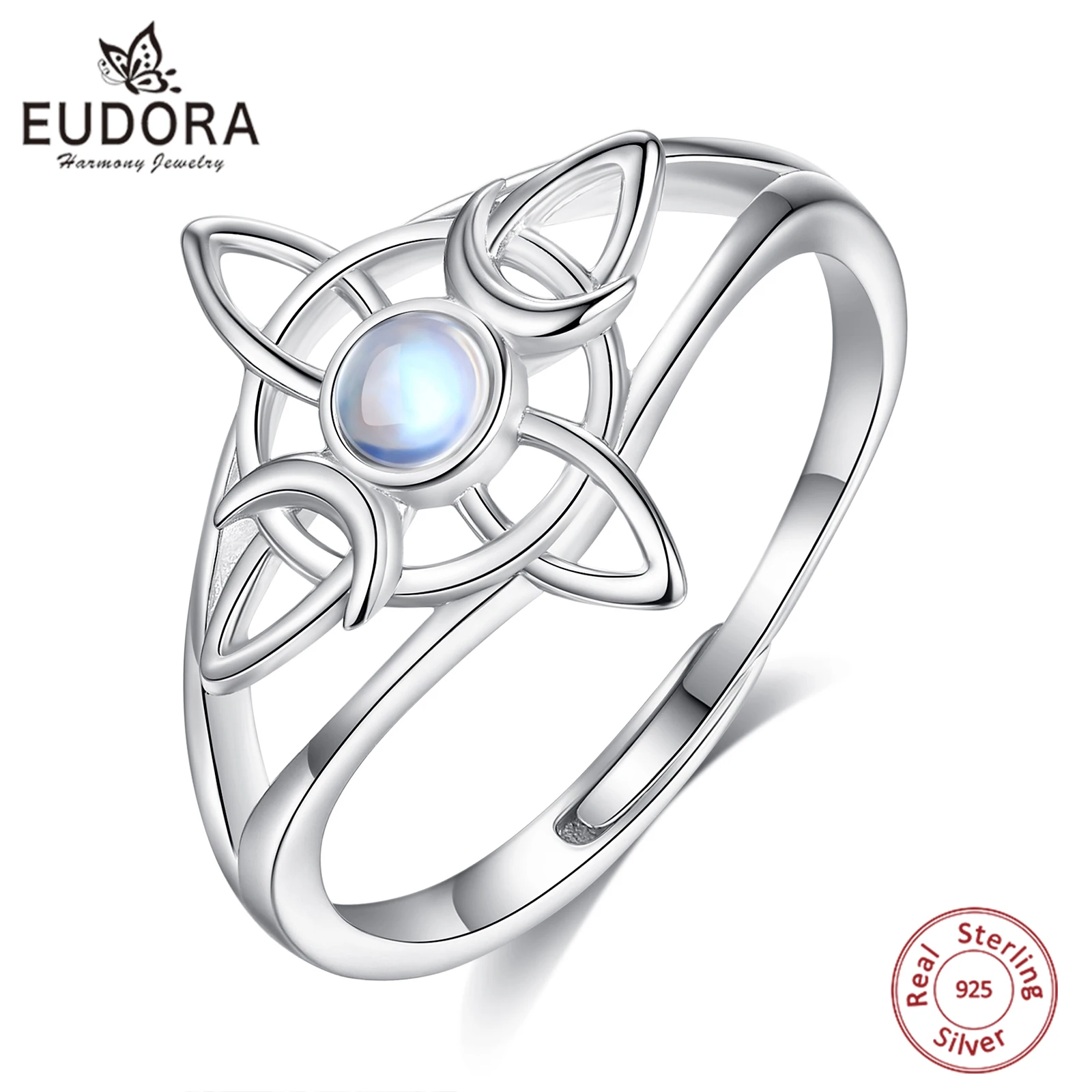 Anillo ajustable Eudora de Plata de Ley 925 con nudo de bruja, anillo de piedra lunar, joyería Wicca, regalo de brujería para mujeres y hombres