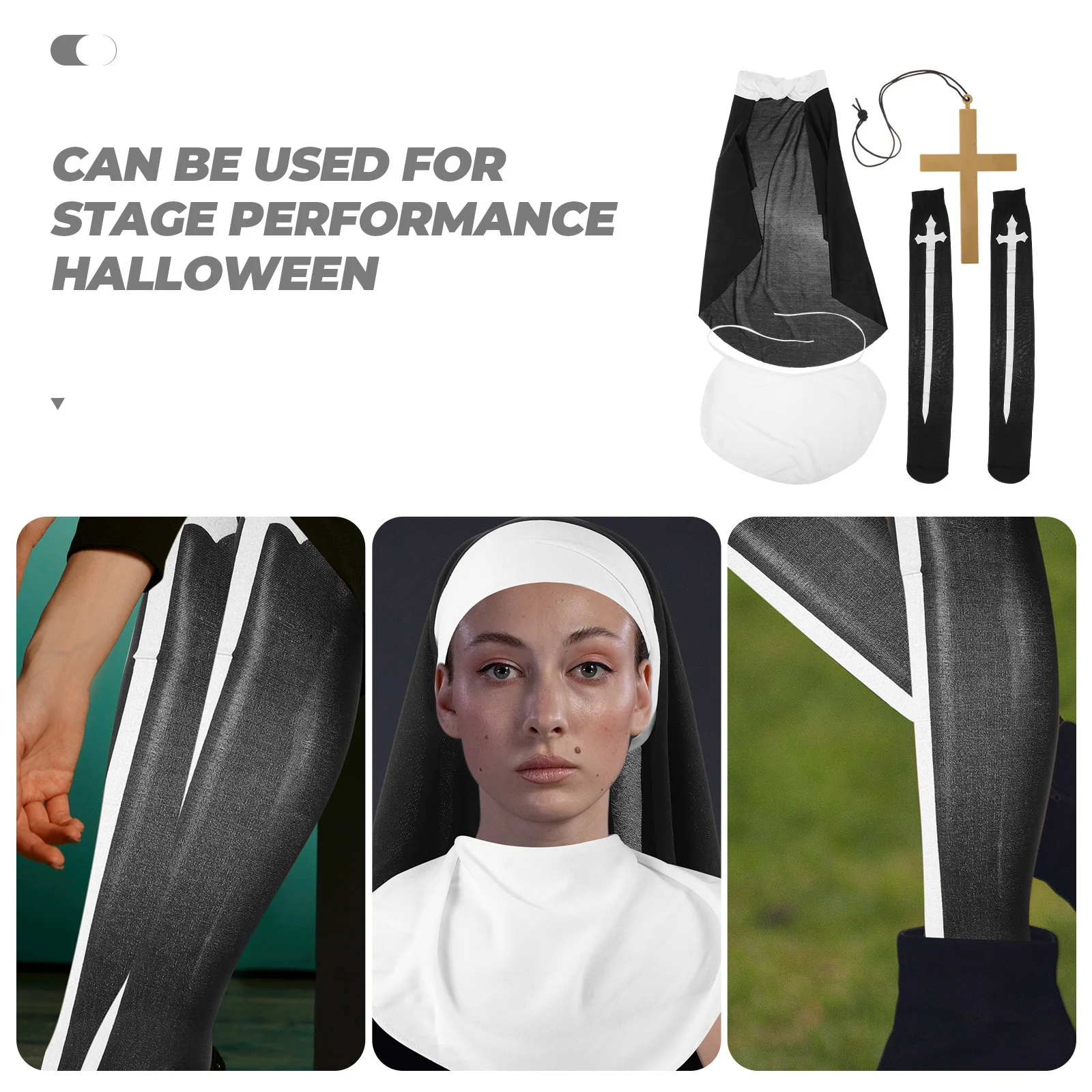 

1 комплект костюма монахини, комплект для женщин, Хэллоуин, косплей, легкая шляпа, воротник, крест, подвеска, высокие носки до бедра, реквизит для фотосессии для взрослых