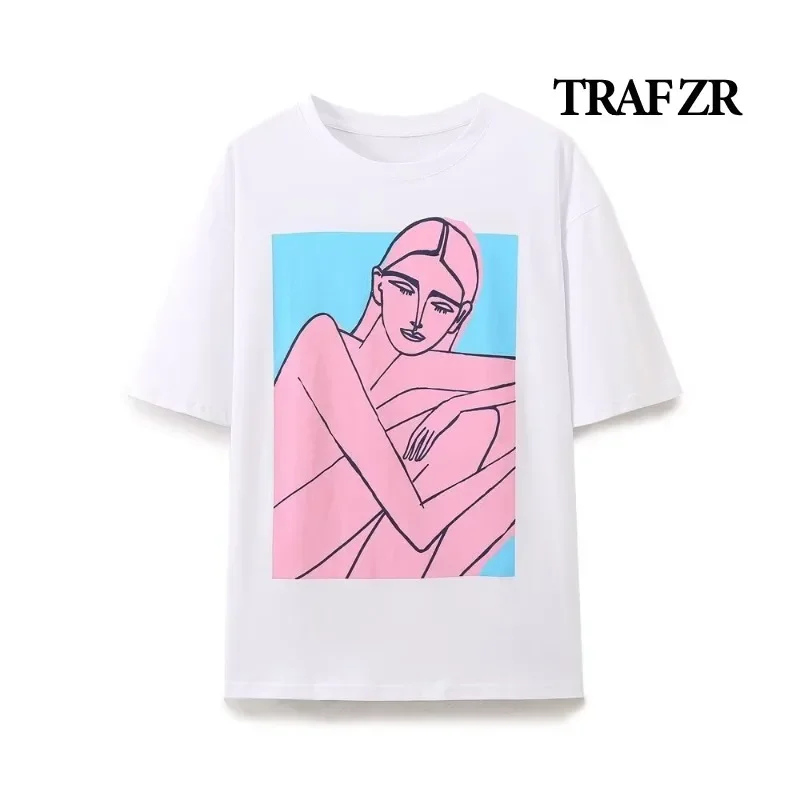 

TRAF ZR Graphic T-Shirts Woman Summer 2024 Short Sleeve Tee Y2k Women's T-shirt White Print Letter Tops O-Neck Women Tops