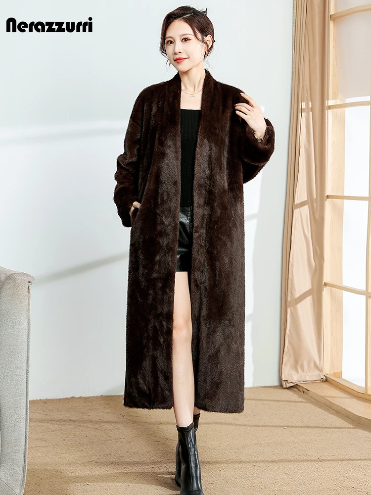 Nerazzurri Winter Long Brown Elegant Luxury Fluffy Faux Mink Fur Coat Women with V Neck Sashes Loose Stylish Furry Overcoat 2023