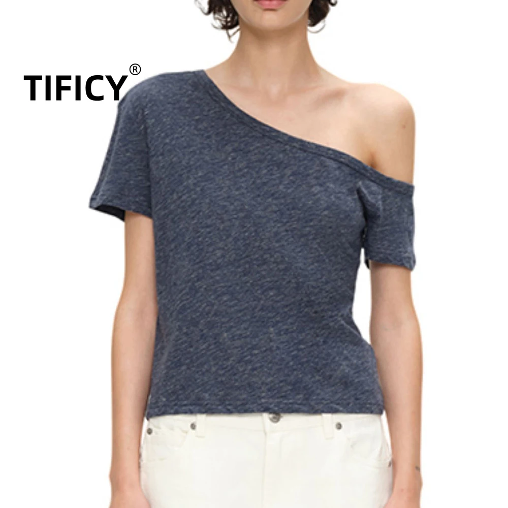 

High Street Off Shoulder Tees T Shirt Women's Short Sleeved T-shirt Irregular Shoulder Leakage and A Base Short Sleeved Tshirt