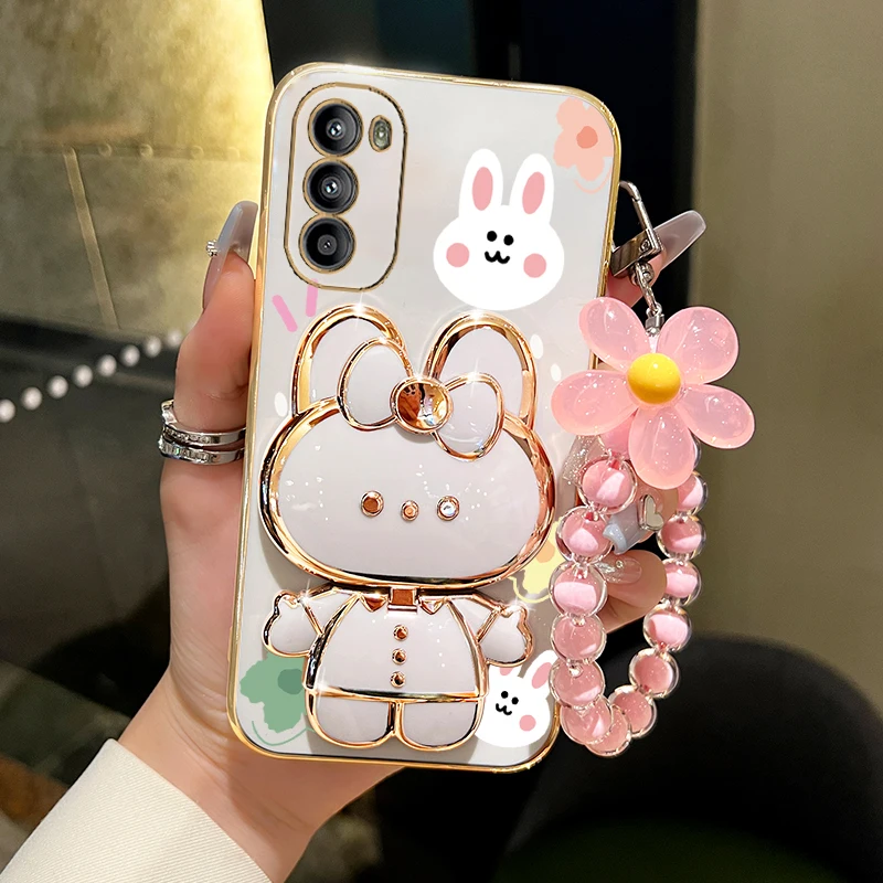 MotorolaG52 Flower Strap Rabbit Makeup Mirror Phone Holder Case On For Mototola Moto G52 2022 G82 G71S MotoG52 MotoG71S Cover