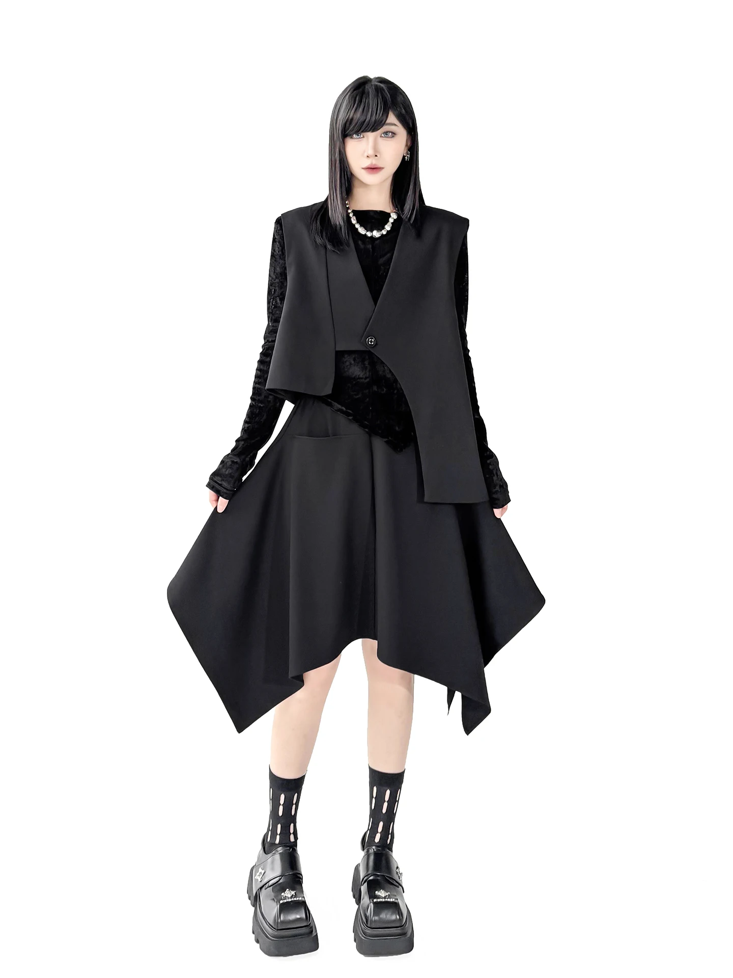 

Gothic Sle Irregular Faion Set Women's Slimming Bla Vest Sexy f-length Skirt High-waisted ort-length Polyester Fiber