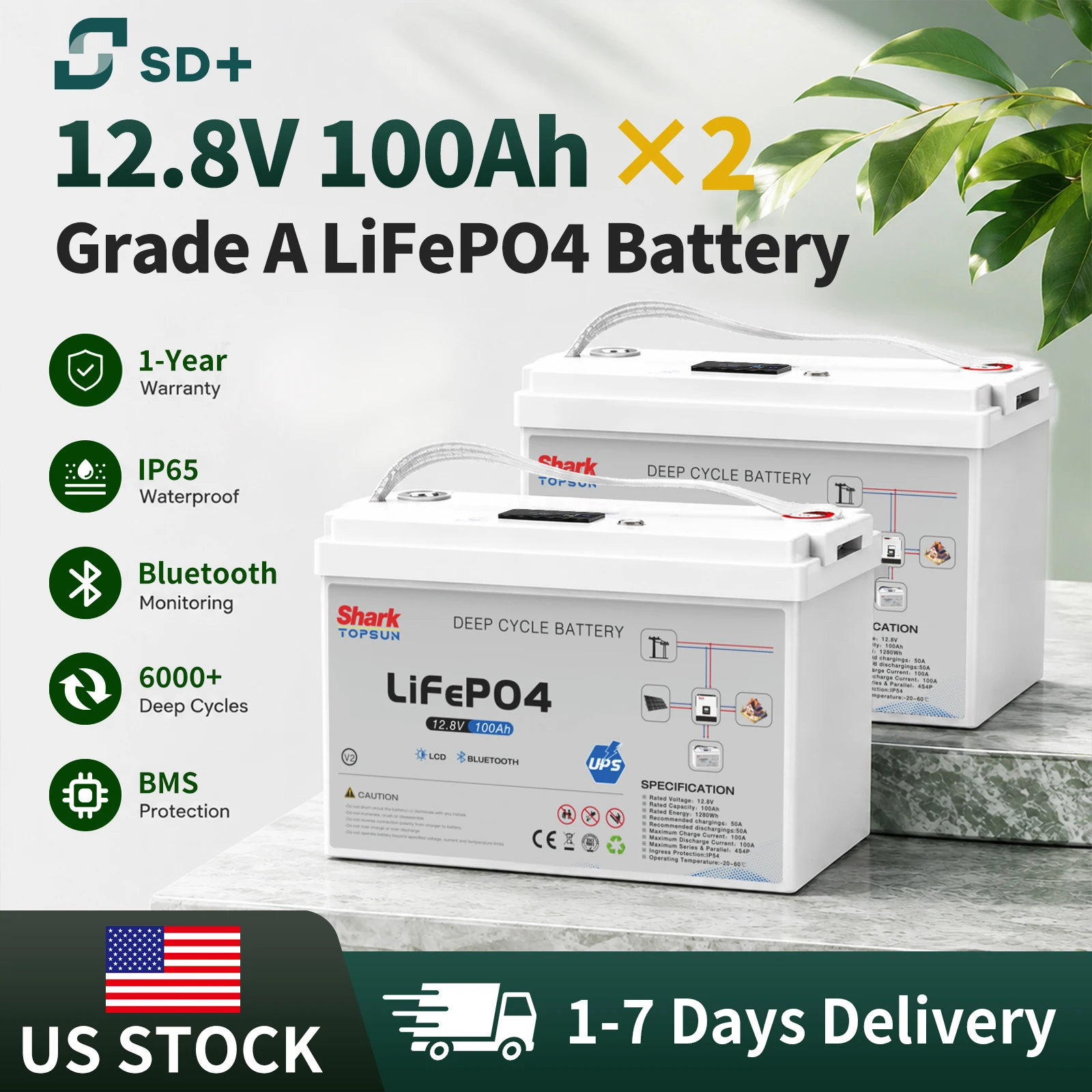 SANDISOLAR 2pcs 12.8V LiFePO4 Battery High Power 100AH 1280Wh Lifespan 6000+ Cycles 100A Continuous Discharge for Outdoor Equipment
