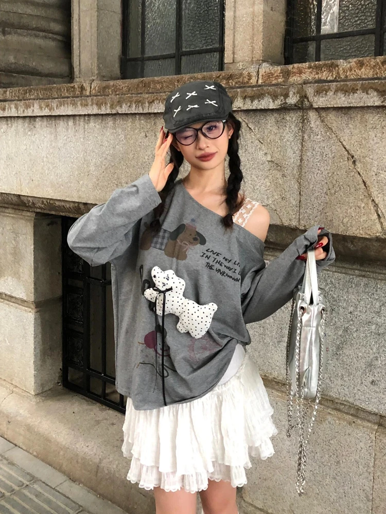 

ay Asymmetrical Collar Long Sve Printed oulder Bared Hoodie Women Early Autumn Loose Lazy Sle Base irt Top