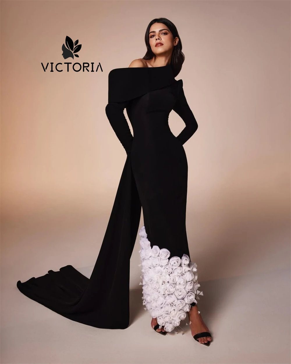 

Elegant Black One Shoulder Evening Dresses Long Sleeves Tulle Feather Flower Train Wedding Dresses For Saudi Dubai Customized