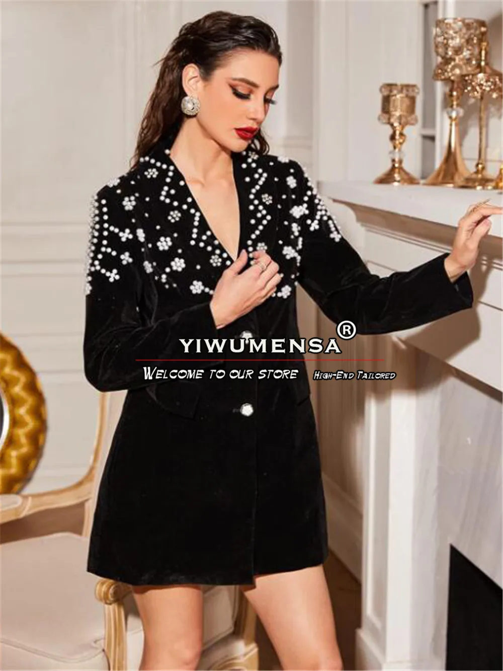 Veste noire imbibée de luxe pour femme, blazer perlé avec perles sur mesure sans ceinture, manteau de fête formelle pour mère, robe femme, 1PC, 2024