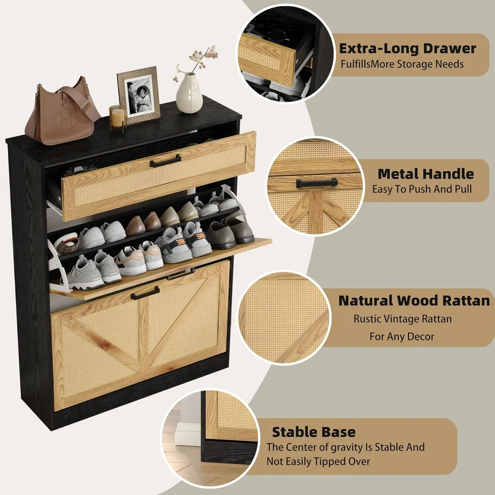 خزانة أحذية خشبية للمزرعة مع أدراج من الروطان، منظم مدخل قائم بذاته لتخزين المدخل