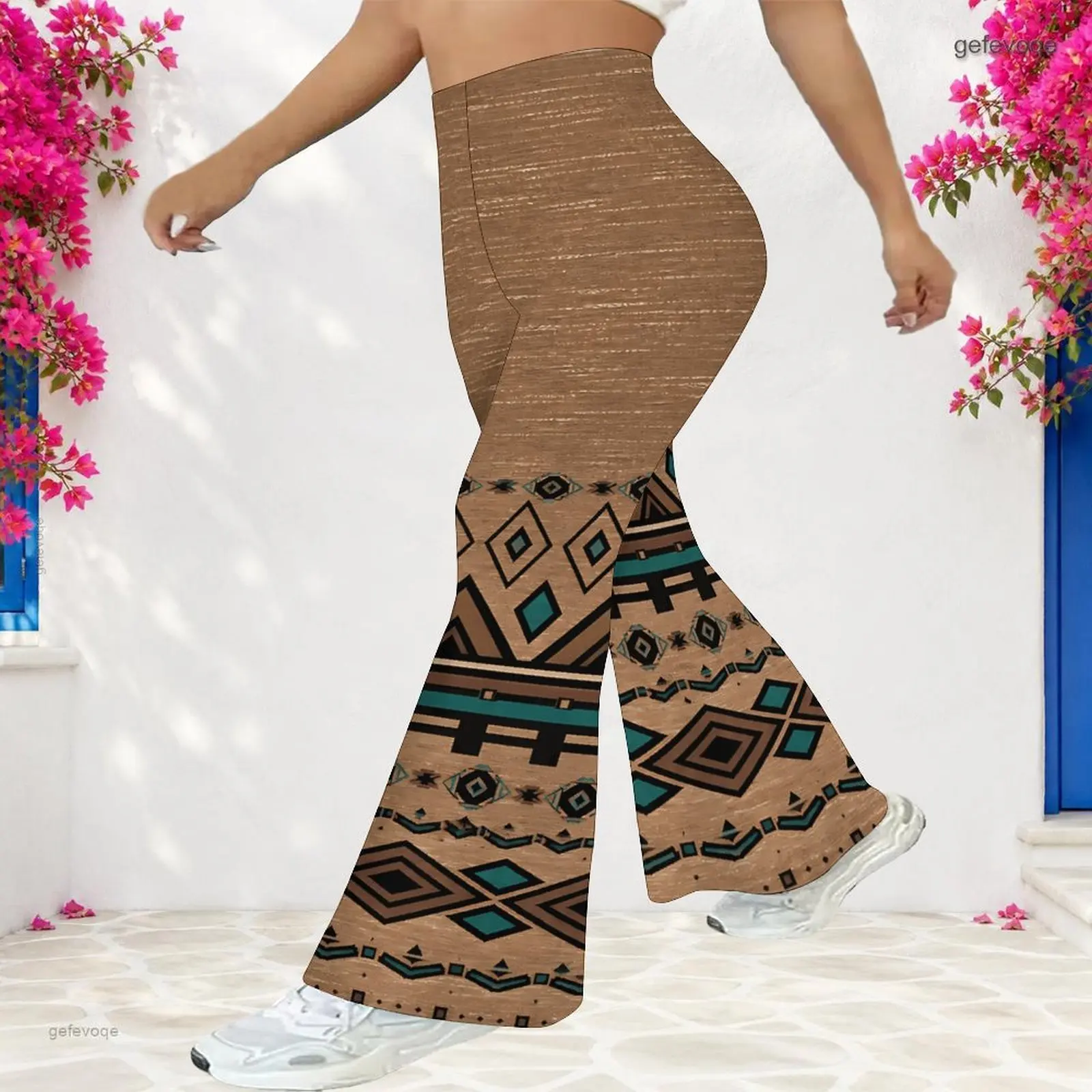 Women High Waist Full Length Ethnic Geometric Printed Flared Pants Brown Teal Black Trousers