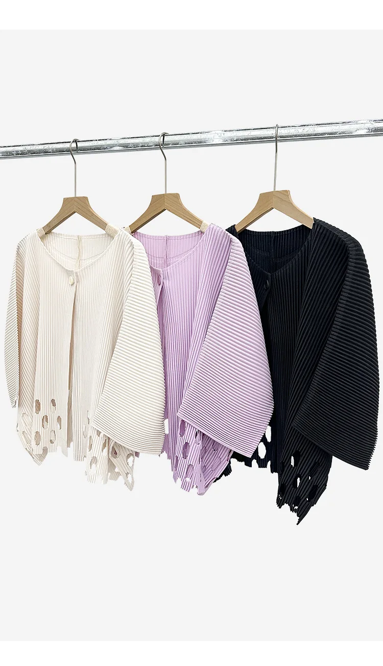 Miyake Plissierter Damen-Cardigan mit Ausschnitten, Einzelknopf, 3/4-Ärmel, Leicht, Locker, Einfarbig, Lässig, Sommer, Damen-Oberbekleidung – Detail 11
