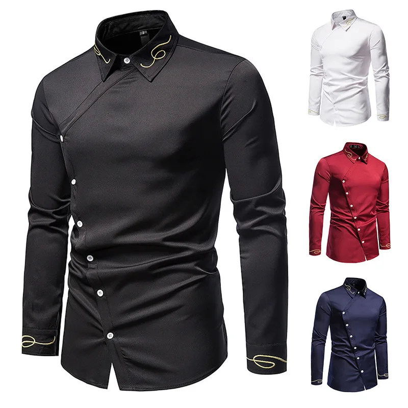 2023 New Hollow Out European Size Men's Trendy Embroidery Asymmetric Long Sleeve Shirt Western Denim Shirt