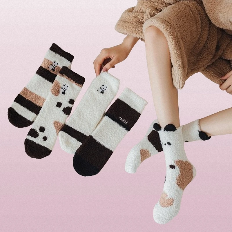 

3/6 Pairs High Quality Cartoon Panda Coral Fleece Socks For Women Thick Warm Half Fleece Towel Floor Home Sleep Socks