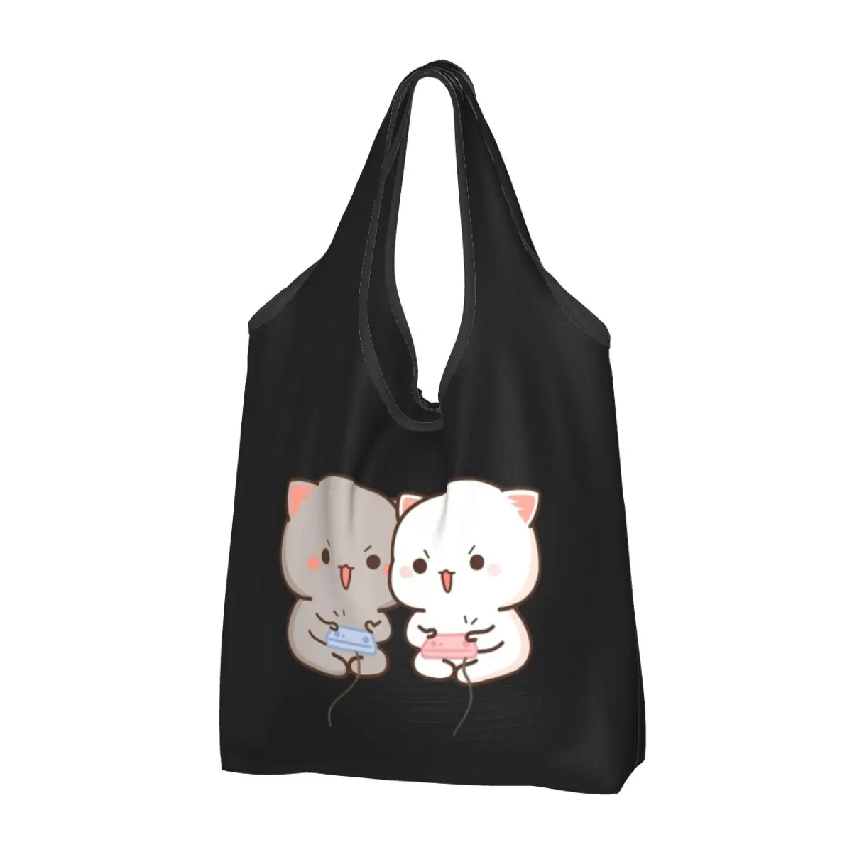 Custom Cartoon Couple Peach And Goma Mochi Cat Groceries Shopping Tote Bag Kawaii Shoulder Shopper Bag Large Capacity Handbag