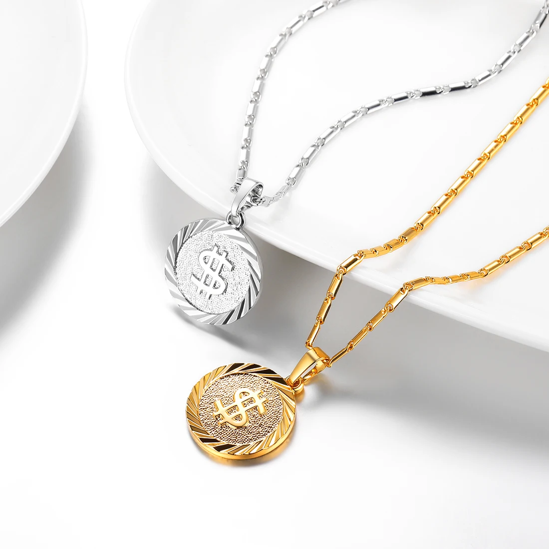 U7 14K Gold color Coin US Dollar Sign Necklace for Women Men 20inches with 2inches Adjustable Chain