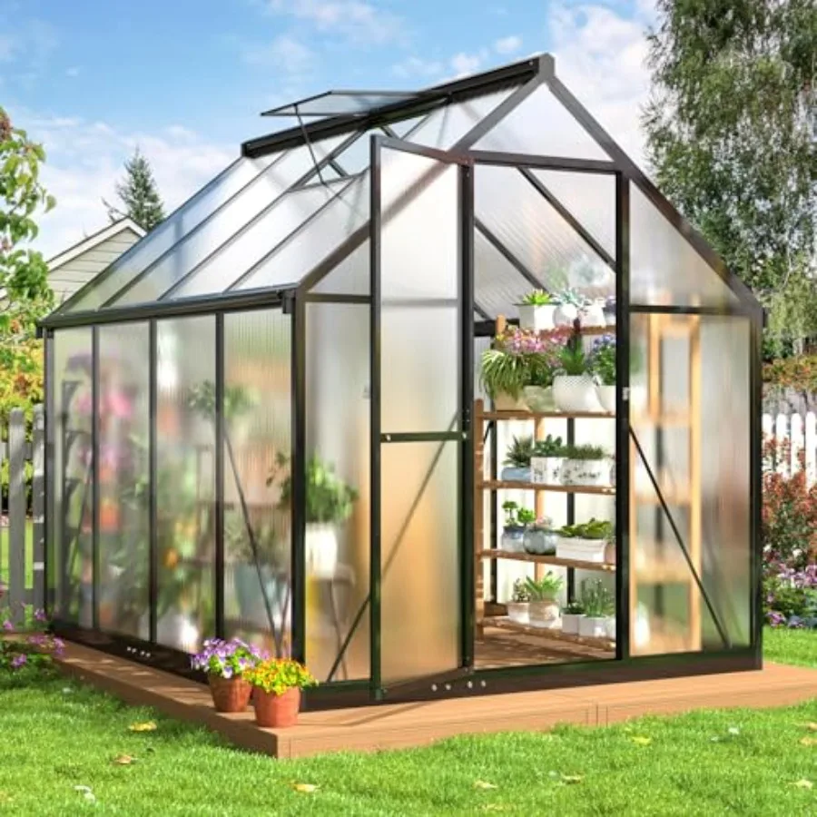 6x7.5 FT Greenhouse for Outdoors, Polycarbonate Greenhouse with Quick Setup Structure and Roof Vent, Aluminum Large Walk-in Gre