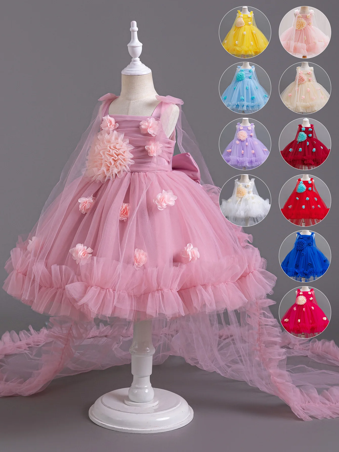 Custom light luxury dress women wedding guest gown girls wedding gown birthday party pageant 3d flower tulle high low train gown