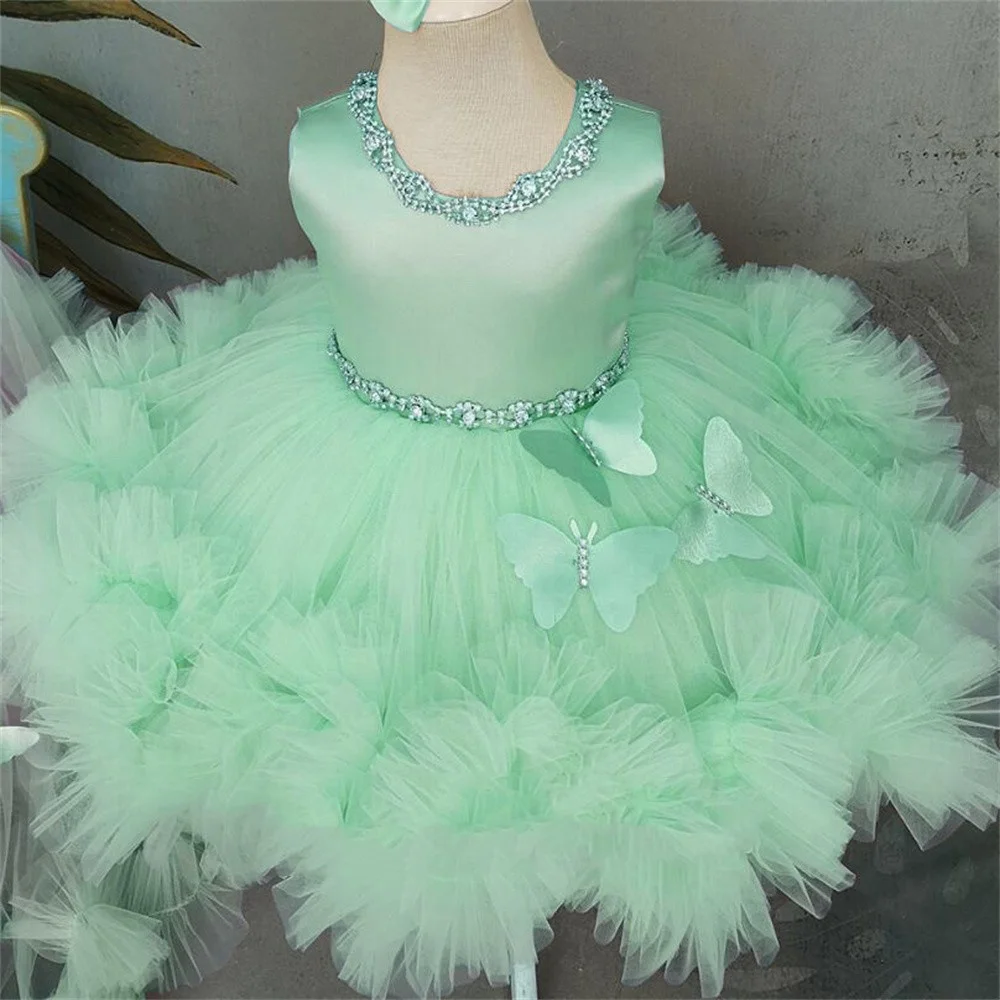 Fluffy Butterfly Detachable Tail Flower Girl Dress Child Baby Girl Wedding Bridesmaid Birthday Party First Communion Ball Gown