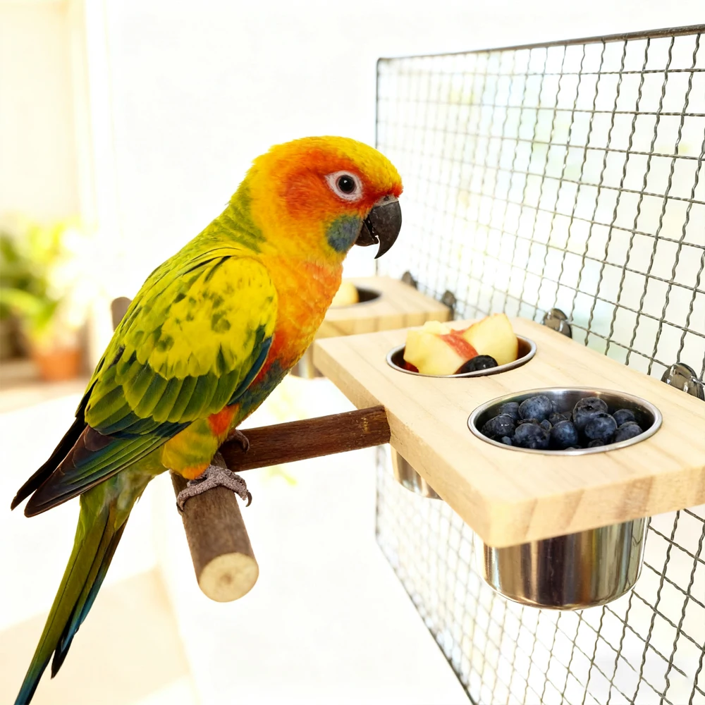1Set Wood Bird Stand Platform with Single/Double Stainless Steel Feed Bowl Chew Toy for Pet Bird Parrot Cage Hanging Accessories view 3