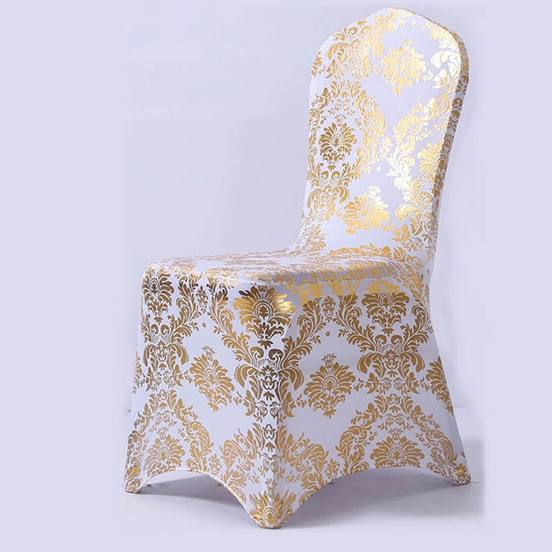 Gold Printed Chair Cover For Wedding Party Decoration Pattern Design Spandex Birthday Lycra Dining Room Chair Covers Hotel Show