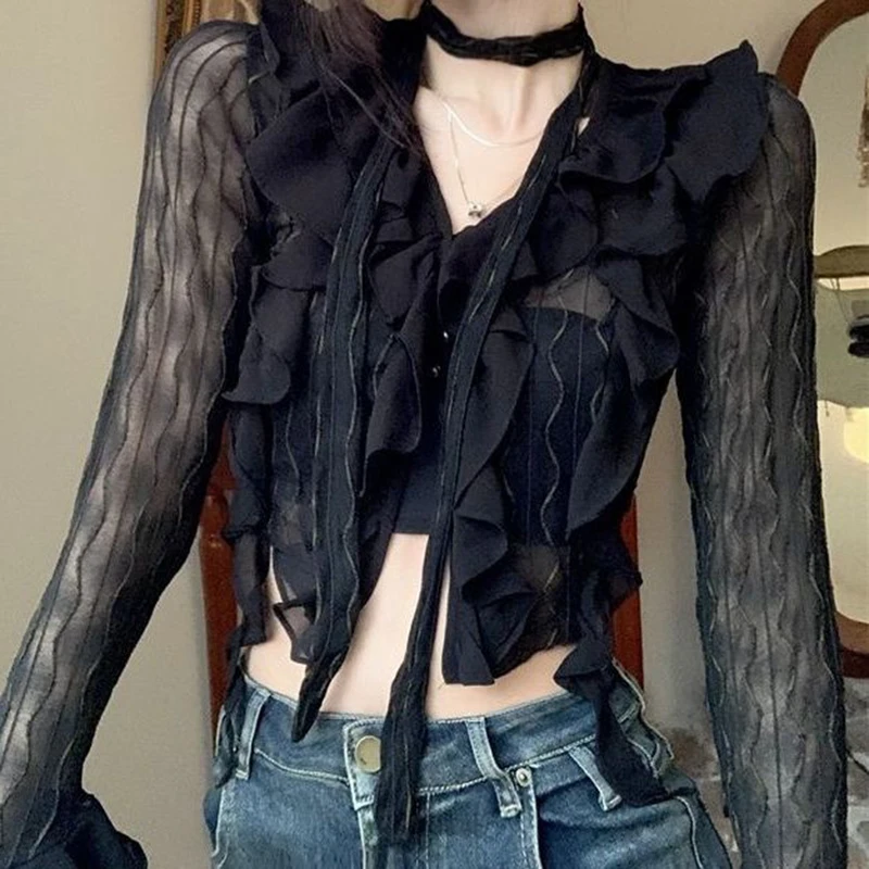 Sexy Gothic Women Lace Blouses Y2K Crop Top Elegant Black Shirt Slim Transparent Cardigan Grungefemale Korean Streetwear Top