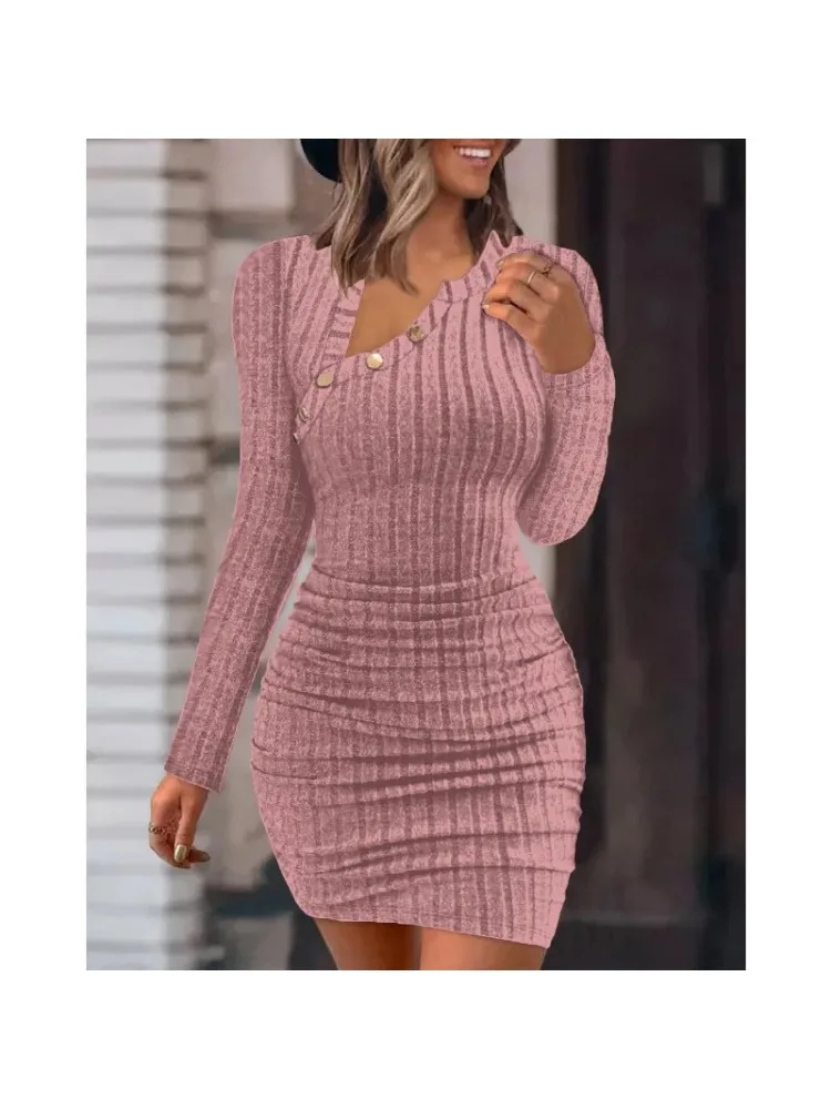 Spring/Summer Women's Button Design Dress Fashionable Slim Fit Wrapped Hip Dress Solid Color Diagonal Neck Long Sleeved Dress