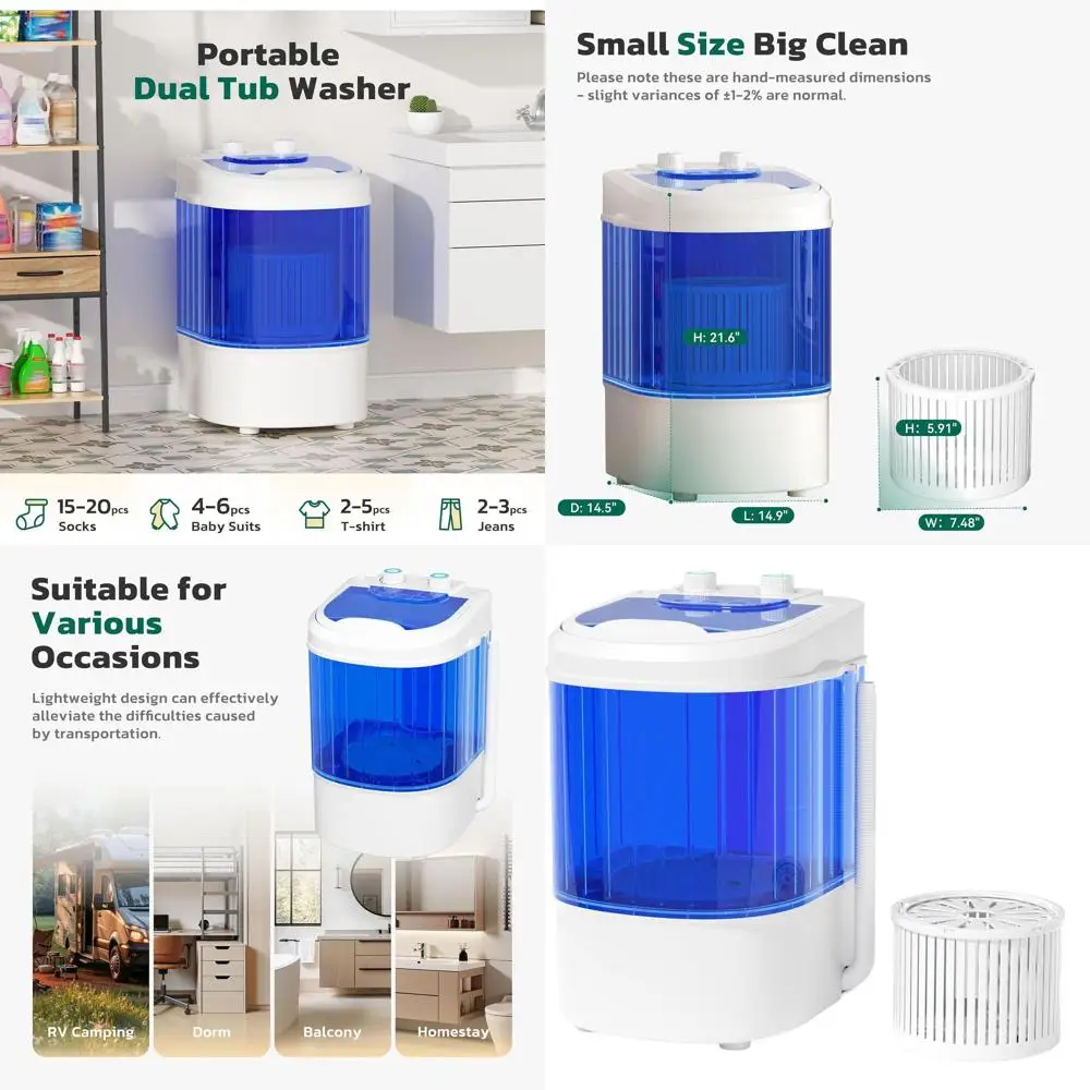 

Компактная портативная стиральная машина на 6,6 фунтов с отжимной корзиной, идеально подходит для небольших объемов стирки в квартирах и общежитиях (синяя)