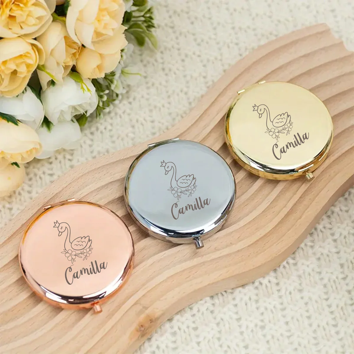 1pc Lovely Swan Customized Name Makeup Mirror Folding Mirror Round Circle Mirror Christening Souvenir