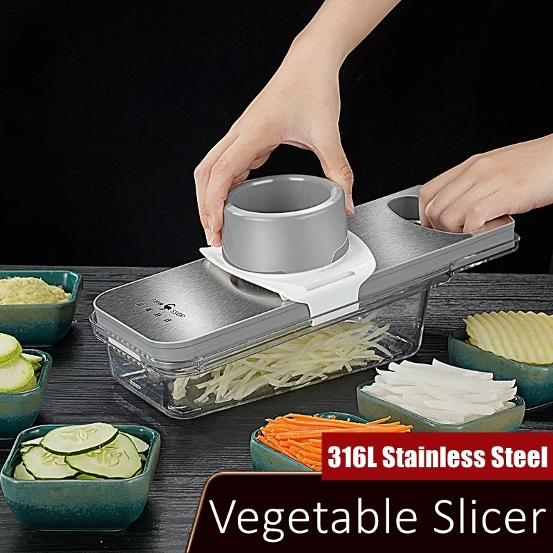 

LFGB Certificate 316L Stainless Steel Slicer 99.9% Anti-bacterial Magic Chopper 6 Blades Vegetable Cutter with Hand protector