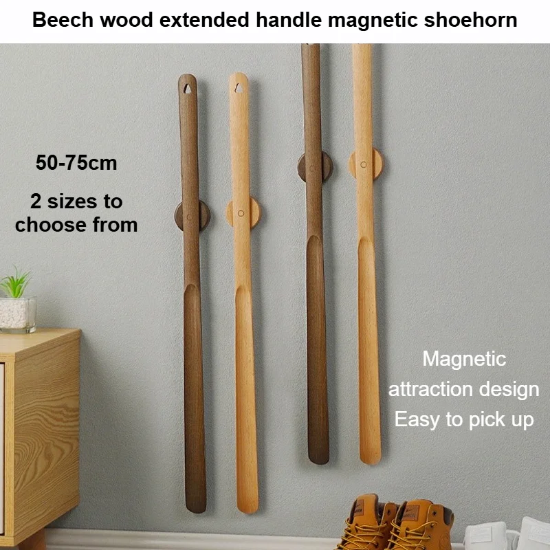 Premium Beech Wood 50-75cm Long Handle Shoe Horn - Magnetic Base No-Bend Shoe Helper for Elderly, Pregnant Women & Lazy Adults