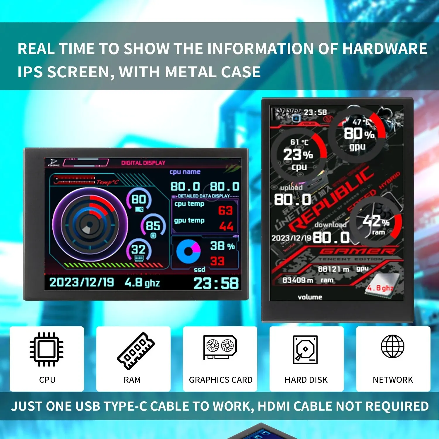 Nueva pantalla secundaria IPS TYPE-C de 3,5 pulgadas CPU GPU RAM HDD MonitorUSB para libremente AIDA64