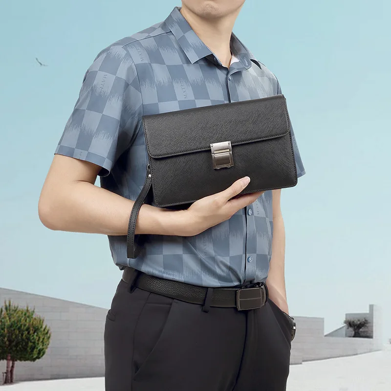 Men's genuine leather combination lock high-end clutch, flip cover business large-capacity men's briefcase