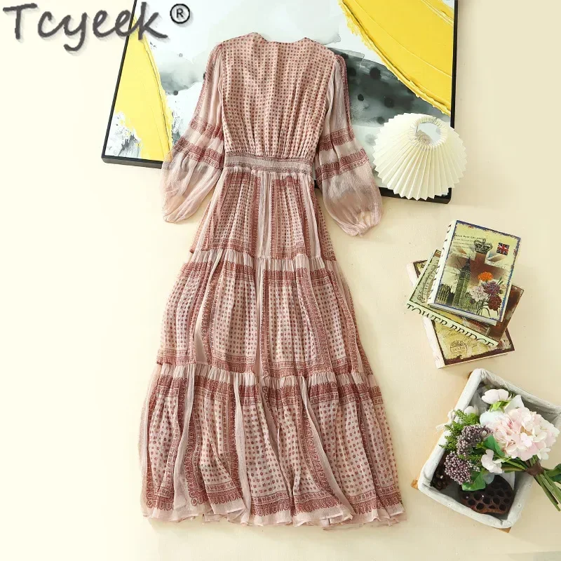 Tcyeek 100% Real Mulberry Silk Maxi Dresses for Women 2024 Party Dress Chic and Elegant Woman Dress Summer Clothes Vestido Mujer