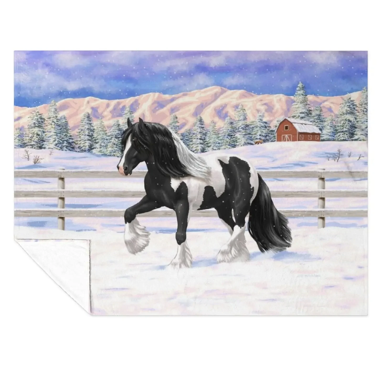 

Black Pinto Piebald Gypsy Vanner Draft Horse In Snow Throw Blanket Nap For Decorative Sofa Polar Extra Large Throw Blankets